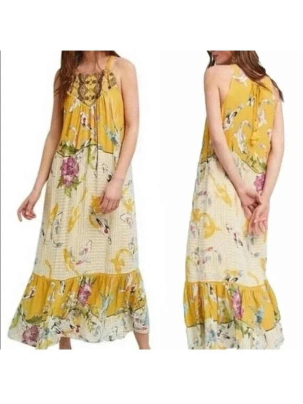 Anthropologie | One September Yellow Paradiso Koi Fish Maxi Dress Size Small